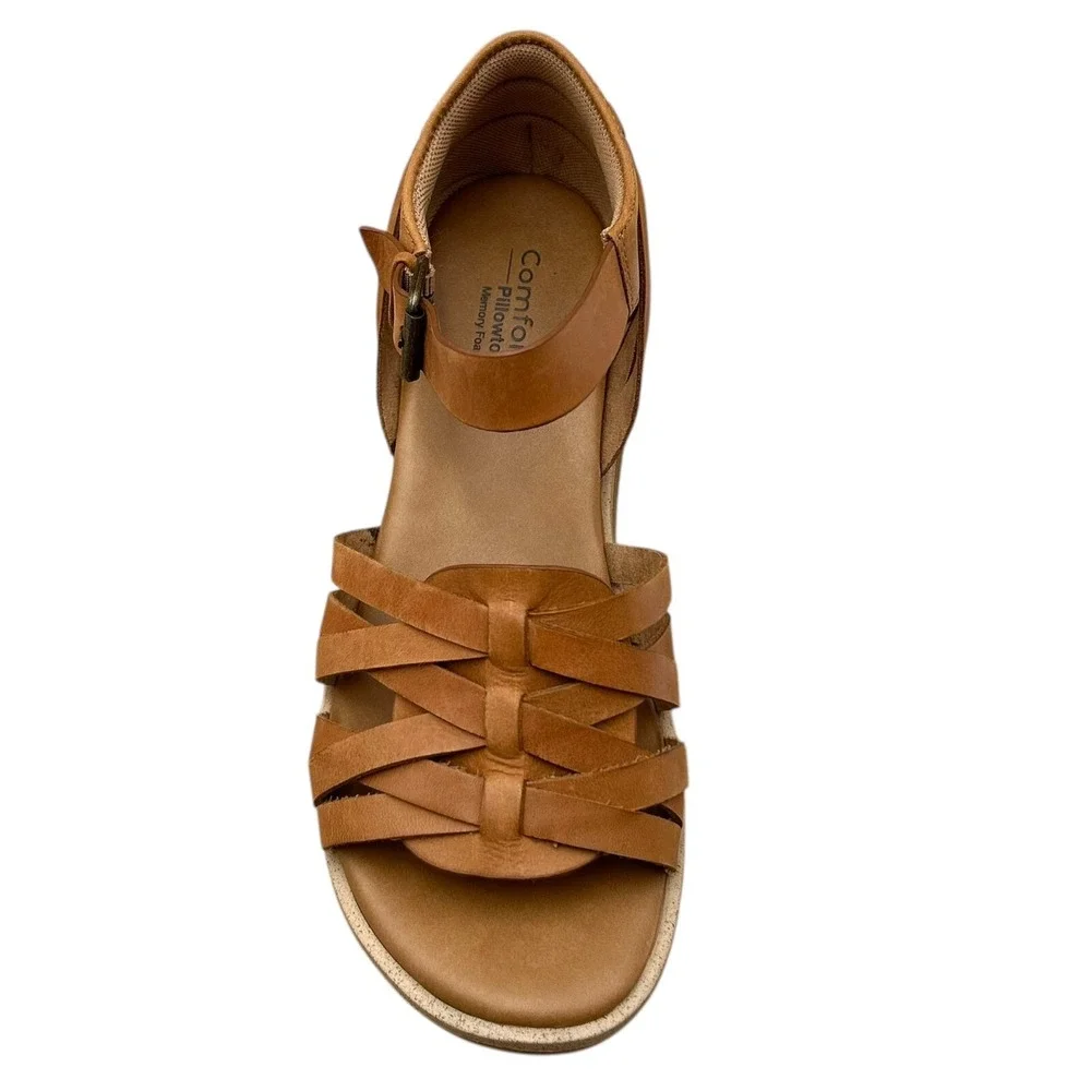 Comfortiva Marina Women's Leather Wedge Sandal‎ Size 8 Wide Brown Open Toe Shoes